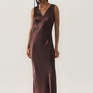 Xscape Joanna Chen Formal Slip Dress Maxi V neck Chocolate Brown Satin Fluid 12
